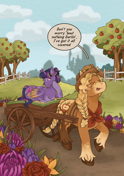alternate_form apple_tree canterlot cart clothing cowboy_hat duo ear_piercing ear_ring female feral flower freckles fruit_tree hat headgear headwear horn piercing plant ring_piercing silhouette text tree trotting wings thefablefox.art friendship_is_magic hasbro my_little_pony mythology applejack_(mlp) twilight_sparkle_(mlp) equid equine mammal mythological_creature mythological_equine winged_unicorn english_text hi_res