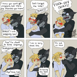 anthro black_hair blonde_hair blush bodily_fluids cheek_blush covering covering_eyes covering_face crying dialogue embarrassed eyes_closed fuck_off full-face_blush fur grey_body grey_fur group hair hug laugh logo male male/male offscreen_character open_mouth page_number profanity sharp_teeth smile tears teeth text trio wide_eyed yelling yellow_body yellow_fur kriek_wildebeest jeremy_(kriek_wildebeest) tom_(kriek_wildebeest) border_collie canid canine canis collie domestic_dog herding_dog husky hybrid mammal nordic_sled_dog pastoral_dog sheepdog spitz wolf 1:1 artist_logo comic english_text hi_res multiple_scenes