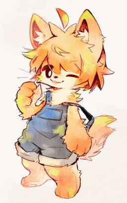 anthro barefoot brown_body brown_fur brown_hair chibi clothing feet fur hair inner_ear_fluff looking_at_viewer male overalls pawpads short_hair simple_background smile solo tail tongue tongue_out tuft white_background nyano52 canid canine canis domestic_dog mammal 2025 digital_media_(artwork)