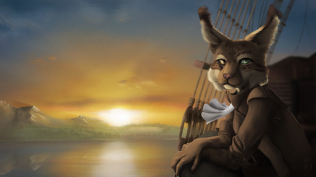 5_fingers anthro boat cheek_tuft clothed clothed_anthro clothed_female clothing cloud detailed_background eye_contact facial_markings facial_tuft female female_anthro fingers fluffy fur glistening glistening_eyes head_markings inner_ear_fluff landscape looking_at_another looking_at_viewer markings mountain pink_nose reflection sailing_boat sailing_watercraft sea ship sky skyscape solo standing sun sunset tan_body tan_fur tuft vehicle water water_reflection watercraft whisker_spots whiskers white_body white_fur hyacinth1971 hunt_and_snare selis_(hunt_and_snare) felid feline lynx mammal 16:9 2026 4k absurd_res colored detailed digital_drawing_(artwork) digital_media_(artwork) half-length_portrait hi_res portrait shaded signature widescreen