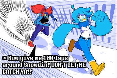 anthro beak biped blue_body blue_feathers blue_hair blue_scales breasts clothed clothed_anthro clothed_female clothing delta_rune_(emblem) dialogue duo eye_patch eyewear feathers female hair outside red_hair running scales snow symbol text training winged_arms wings merlebirb_(artist) undertale_(series) undertale_yellow martlet_(undertale_yellow) undyne animal_humanoid avian bird fish fish_humanoid humanoid marine marine_humanoid 2024 digital_drawing_(artwork) digital_media_(artwork) english_text hi_res