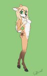 anthro areola blonde_hair breasts female freckles green_eyes hair hooves markings navel nude pink_areola scut_tail short_tail solo spots tail tan_body unguligrade white_markings sufficient_(artist) lana deer mammal 2022 absurd_res full-length_portrait hi_res portrait