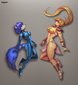 accessory alternate_costume anthro bandeau big_breasts blonde_hair blue_body blue_fur blue_hair bodysuit bottomwear breasts choker clothing clothing_swap duo eyebrow_through_hair eyebrows eyelashes eyes_closed feet female footwear fur furgonomics glistening glistening_body hair inner_ear_fluff jewelry loincloth long_hair necklace ponytail ring sandals shoes short_hair shoulder_guards skinsuit tail tail_accessory tail_jewelry tail_ring tight_clothing topwear translucent translucent_hair tuft white_body white_fur zero_suit danderfull metroid nintendo star_fox krystal_(star_fox) samus_aran canid canine fox human mammal 2025 absurd_res hi_res