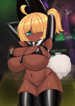 accessory ahoge armpit_fetish between_breasts bikini bikini_bottom bikini_top blonde_hair blue_eyes bodily_fluids breasts bunny_costume clothing costume fake_ears female fur hair hair_over_eye latex latex_clothing latex_legwear latex_stockings legwear navel necktie raised_arms shortstack squish stockings sweat sweatdrop swimwear tan_body tan_fur thong two-piece_swimsuit underwear nightlycatgirl reina_(nightlycatgirl) humanoid mammal procyonid raccoon absurd_res hi_res