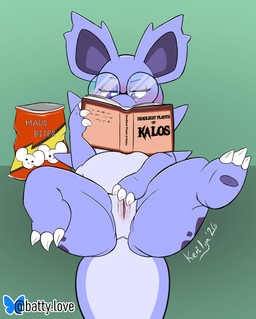 blush book claws eyewear female female_feral feral food genitals glasses gradient_background green_background markings masturbation raised_leg simple_background slightly_chubby slightly_chubby_female solo spots spotted_markings text vulva kerilyn nintendo pokemon generation_1_pokemon nidorina pokemon_(species) 2026 english_text hi_res