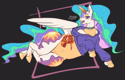 clothed clothing cropped_hoodie cutie_mark feathered_wings feathers female feral hair hoodie horn makeup multicolored_hair one-piece_swimsuit simple_background smile solo swimwear topwear white_body wings yellow_horn stardustspears friendship_is_magic hasbro my_little_pony mythology princess_celestia_(mlp) equid equine mammal mythological_creature mythological_equine winged_unicorn digital_media_(artwork) hi_res