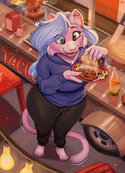 anthro big_breasts bottomwear breasts clothed clothing ear_piercing ear_ring female food fur green_eyes heart_eyes heart_symbol inner_ear_fluff piercing pink_body pink_fur ring_piercing solo taco topwear tuft conditional_dnp nexcoyotlgt ivy_(nexcoyotlgt) domestic_cat felid feline felis mammal absurd_res hi_res