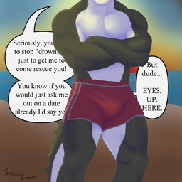 anthro clothed clothing crossed_arms dialogue male outside simple_background solo speech_bubble sunset swimwear talking_to_viewer text topless topless_male lasciviousleonine crocodile crocodilian reptile scalie 1:1 english_text