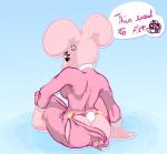 anthro blue_background breasts butt butt_flap camel_toe clothing female from_the_back fur looking_back looking_down open_flap pajamas pink_body pink_fur rear_view scut_tail short_tail simple_background sitting solo tail text kaboozey cartoon_network the_amazing_world_of_gumball anais_watterson lagomorph leporid mammal rabbit absurd_res english_text hi_res