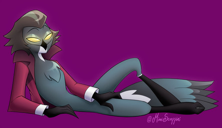 anthro clothing feet jacket male pose posing_for_picture solo suggestive suggestive_look suggestive_pose talons toes topwear mimiscappini hazbin_hotel hellaverse helluva_boss fan_character sorcha_(zilvus) avian bird corvid magpie_(corvid) oscine passerine hi_res