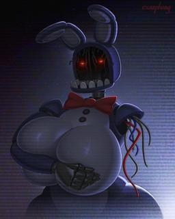 anthro big_breasts bow_tie breast_squish breasts covering covering_breasts crossgender exposed_wires faceless faceless_character faceless_female female glowing glowing_eyes hand_on_breast huge_breasts joints looking_at_viewer machine metal missing_arm mtf_crossgender purple_body red_eyes simple_background solo squish standing vhs_filter wide_hips wire csarphong five_nights_at_freddy's five_nights_at_freddy's_2 scottgames withered_bonnie_(fnaf) animatronic lagomorph leporid mammal rabbit robot 2026 absurd_res digital_media_(artwork) half-length_portrait hi_res portrait watermark