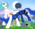 blue_eyes blue_hair building butt crown cutie_mark duo feathered_wings feathers female feral grin hair headgear horn looking_back macro multicolored_hair outside pink_eyes princess royalty smile wings trench-meat friendship_is_magic hasbro my_little_pony mythology princess_celestia_(mlp) princess_luna_(mlp) equid equine mammal mythological_creature mythological_equine winged_unicorn 2013 sibling_(lore) sister_(lore) sisters_(lore)