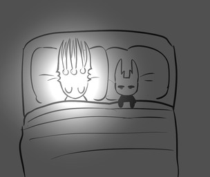 2_horns 7_horns ambiguous_gender anthro bed bedding black_body black_eyes blanket darkness duo eyes_closed furniture glowing glowing_body gradient_background grey_background horn multi_horn on_bed on_pillow pillow simple_background sleeping sleeping_together spikes spikes_(anatomy) tired tired_eyes under_covers waking_up white_head souhakuno_tinko hollow_knight_(franchise) team_cherry hollow_knight_(character) pale_king_(hollow_knight) pure_vessel_(hollow_knight) arthropod insect vessel_(species) 2026 digital_media_(artwork) sketch father_(lore) father_and_child_(lore) male_(lore) nonbinary_(lore) parent_(lore) parent_and_child_(lore)