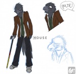 anthro beak biped blue_eyes bottomwear cane clothed clothing feathers feet footwear frown fully_clothed grey_body jacket male pants pose shirt shoes simple_background solo standing tail talons toes topwear walking_stick white_background vagabond_(artist) house.m.d. gregory_house avian bird corvid corvus_(genus) crow oscine passerine digital_media_(artwork)