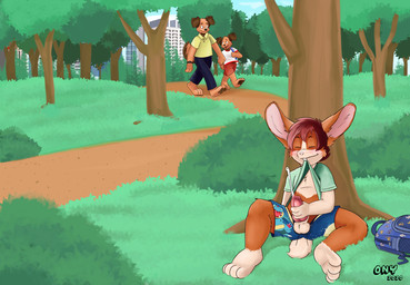 anthro backpack balls bodily_fluids bottomwear clothed clothing clothing_lift cum cumshot detailed_background ejaculation genital_fluids genitals group knot male masturbation mouth_hold orgasm outside penile penile_masturbation penis plant public shirt shirt_lift shorts solo_focus topwear tree young young_anthro young_male onykr nintendo pokemon ony canid canine canis domestic_dog lagomorph leporid mammal rabbit 2020 hi_res