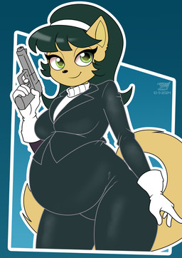 anthro belly big_belly black_clothing black_hair black_suit blue_background bodysuit breasts clothed clothed_anthro clothed_female clothing female fingers front_view fur gloves green_eyes gun hair handgun handwear holding_gun holding_object holding_ranged_weapon holding_weapon humanoid_hands logo long_hair looking_at_viewer medium_breasts outline pistol pregnant pregnant_anthro pregnant_female ranged_weapon simple_background skinsuit smile solo standing suit tail tan_body tan_fur text tight_clothing weapon white_clothing white_gloves white_handwear white_outline arrowdark nickelodeon t.u.f.f._puppy kitty_katswell domestic_cat felid feline felis mammal 2024 absurd_res artist_logo artist_name colored dated hi_res portrait three-quarter_portrait
