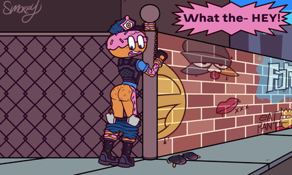 assisted_exposure barely_visible_genitalia barely_visible_vulva black_boots black_clothing black_footwear black_topwear black_vest blue_bottomwear blue_clothing blue_eyes blue_jeans blue_pants blue_shirt blue_topwear blush blush_lines boots bottomwear bottomwear_down bound brick brick_wall broken_glasses butt chain chained chained_cuffs chained_to_pole clothed clothing cuff_(restraint) denim denim_bottomwear denim_clothing dessert dialogue disembodied_hand doughnut duo embarrassed exposed eyebrows eyelashes eyewear female fence fingerless_gloves food footwear freckled_butt freckles frown genitals glasses gloves graffiti handcuffed handcuffed_to_pole handcuffs handwear hat headgear headwear jeans looking_back looking_down looking_down_at_butt looking_down_at_self metal_cuffs open_frown open_mouth open_smile pants pants_around_knees pants_down pantsing partially_clothed pastry pink_body pointy_speech_bubble police police_officer raised_eyebrow rear_view restraints shirt shocked shoes sidewalk smile solo speech_bubble sprinkles sunglasses tan_body text topwear vest vulva wall_(structure) yelling smokey_the_menish epic_games fortnite the_simpsons bart_simpson constable_sprinkle_(fortnite) meow_skulls food_creature food_humanoid humanoid 2026 absurd_res english_text hi_res signature