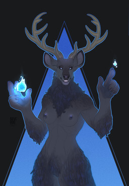 anthro antlers breasts ears_up elemental_manipulation female fire fire_manipulation fur glowing glowing_eyes grey_body grey_fur hair horn looking_at_viewer magic magic_user nipples nude simple_background smile snout solo ravedoq floofili deer mammal moose new_world_deer absurd_res hi_res
