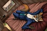 anthro bed bed_sheet bedding bedroom bedroom_eyes belly blouse blue_eyes bottomwear bra business_attire business_suit businesswear canid canine canis clothing door eyewear fan_character female furniture glasses hand_behind_head hi_res legend_of_ahya lying mammal mirror mirror_reflection murana_wolford_(darkflame-wolf) narrowed_eyes navel nightstand on_back pants pillow pinstripe_clothing pinstripe_suit reflection ruolina scar seductive solo suit topwear underwear wolf