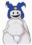 belly bulge clothing detailed_bulge hand_on_hip hat headgear headwear looking_at_viewer male moobs navel not_furry overweight overweight_humanoid overweight_male simple_background slightly_chubby smile solo teeth thick_thighs white_background white_body locitony atlus megami_tensei sega jack_frost_(megami_tensei) demon humanoid imp