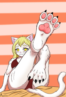 anthro blonde_hair clothing feet female fur hair happy honorata nails paws solo tail underwear white_body white_fur yellow_eyes arietter44 domestic_cat felid feline felis mammal 2026 absurd_res hi_res