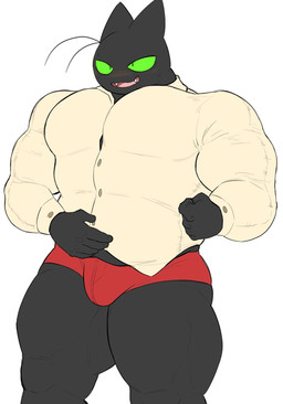 anthro belly big_muscles big_pecs black_body black_fur blush bodily_fluids bulge cape clothing collared_shirt dress_shirt form_fitting fur green_eyes male musclegut muscular muscular_anthro muscular_male overweight overweight_male pecs sharp_teeth shirt smile solo stretched_clothing sweat teeth topwear underwear whiskers oyasmis cartoon_network mao_mao:_heroes_of_pure_heart sheriff_mao_mao_mao domestic_cat felid feline felis mammal hi_res