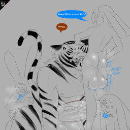 anal anthro balls big_balls big_penis blush bodily_fluids butt cheek_tuft clone dialogue ears_down facial_tuft fellatio foursome fur genitals group group_sex light long_tail male male/male markings mature_male muscular muscular_anthro muscular_male musk musky_balls musky_penis neck_tuft nipples nude oral oral_sandwich penile penis pivoted_ears rimming sex speech_bubble striped_body striped_fur striped_markings striped_tail stripes sweat tail tail_markings text tuft whiskers xikitsune noel_valentin_(xikitsune) rook_(garfigs) felid lagomorph leporid mammal pantherine rabbit tiger 1:1 artist_name english_text hi_res lighting