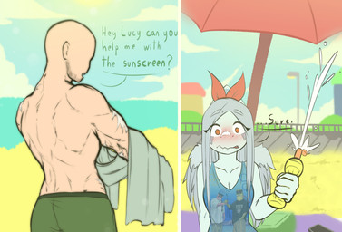 accessory amber_eyes anthro athletic athletic_human athletic_male back_muscles beach beach_umbrella biceps blush bow_ribbon breasts cleavage clothed clothing detailed_background dialogue duo eyebrow_through_hair eyebrows eyelashes eyelashes_through_hair facial_hair female fingers flower flower_cloud_(spongebob) grey_body grey_hair grey_scales hair hair_accessory hair_bow hair_ribbon light-skinned_male light_body light_skin long_hair male muscular muscular_human muscular_male outside parasol plant ribbons scales seaside shirt sitting stubble sunscreen swimming_trunks swimwear tank_top text topwear towel translucent translucent_hair wings ather_os cavemanon_studios goodbye_volcano_high ko_op_(game_developer) nickelodeon snoot_game spongebob_squarepants anon_(snoot_game) fang_(gvh) patrick_star spongebob_squarepants_(character) human mammal prehistoric_species pterosaur reptile scalie 2023 digital_drawing_(artwork) digital_media_(artwork) english_text hi_res