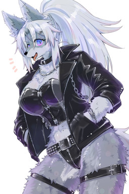 anthro belt big_breasts big_ears black_clothing blue_eyes breasts chain chain_jewelry chain_necklace chest_tuft clothing ear_piercing female female_anthro fluffy fluffy_chest fluffy_ears fluffy_fur fluffy_tail fur grey_body grey_fur hair jacket jewelry kemono leather leather_clothing leather_jacket leather_topwear looking_at_viewer navel navel_piercing neck_tuft necklace piercing ponytail simple_background solo tail thick_fur tongue tongue_piercing topwear tuft white_background white_body white_fur white_hair white_tail ookamiwaho okami_bark canid canine canis mammal wolf 2:3 absurd_res hi_res