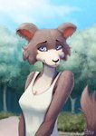 anthro breasts brown_body brown_fur cloud day female fur light looking_at_viewer outside path plant purple_eyes shrub sky sleeveless_shirt smile solo standing sunlight tan_body tan_fur tree white_body white_fur daniel_tibana beastars juno_(beastars) canid canine canis mammal wolf 2020 digital_media_(artwork) digital_painting_(artwork) painting_(artwork) portrait signature