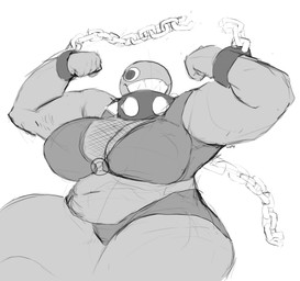 chain female muscular overweight solo wrestling bunnygutsad mario_bros nintendo gigi_(thecoatl034) chain_chomp humanoid absurd_res hi_res monochrome