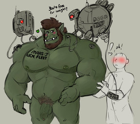 balls beard blush duo facial_hair flaccid foreskin genitals green_body heart_symbol humanoid_hands machine male male/male muscular muscular_male nipples pecs penis pubes desertb0ar human humanoid mammal orc robot 2021