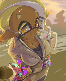 big_breasts blonde_hair breasts cleavage clothed clothing cross_pupils dark_body dark_skin electronics eyelashes eyewear female front_view glasses hair hand_on_hip holding_microphone holding_object humanoid_pointy_ears looking_at_viewer microphone news news_reporter orange_eyes pointy_ears pseudo_hair reporter smile solo tentacle_hair tentacles swliyhbpe9xqqze nintendo splatoon frye_(splatoon) animal_humanoid aquatic aquatic_humanoid cephalopod cephalopod_humanoid humanoid inkling mollusk mollusk_humanoid squid_humanoid hi_res
