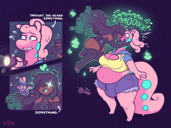 anthro big_breasts blush bodily_fluids breasts bulge clothing duo exclamation_point flashlight floating flying_sweatdrops green_eyes gynomorph gynomorph/gynomorph holding_flashlight holding_object hoodie human_on_anthro intersex intersex/intersex interspecies kissing navel overweight overweight_gynomorph overweight_intersex pink_body simple_background smile sparkles sparkling_eyes surprised sweat sweatdrop tail text thick_thighs topwear keffotin nintendo pokemon bisou_(keffotin) calvin_(kazudanefonfon) generation_6_pokemon goodra human mammal pokemon_(species) 2022 4:3 comic digital_media_(artwork) english_text hi_res trans_(lore) trans_woman_(lore)