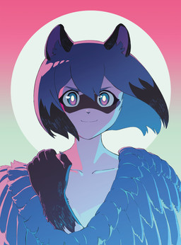 5_fingers abstract_background anthro black_nose blue_eyes blue_hair blue_inner_ear_fluff circle claws eyebrows feathered_wings feathers female finger_claws fingers flowing_hair front_view glistening glistening_eyes gloves_(marking) gradient_background hair hand_on_shoulder highlights_(coloring) inner_ear_fluff light looking_at_viewer markings mid_transformation pointy_ears prick_ears simple_background smile solo species_transformation transformation tuft wings unknown_artist brand_new_animal studio_trigger michiru_kagemori avian beastman_(brand_new_animal) bird canid canine mammal raccoon_dog tanuki 2020 absurd_res bust_portrait digital_media_(artwork) hi_res lighting official_art portrait