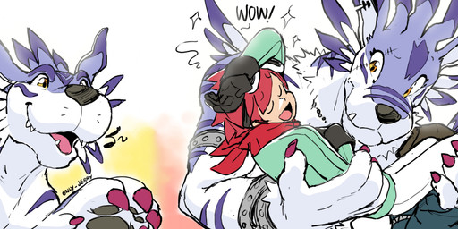 anthro bottomwear claws clothed clothing feral fingers fur green_clothing green_topwear hair larger_anthro larger_human multicolored_body multicolored_fur pants pink_tongue red_hair side_view size_difference smaller_feral smaller_human teeth tongue topwear white_body white_bottomwear white_claws white_clothing white_fur white_pants dahecksajerry bandai_namco digimon digimon_story:_time_stranger dan_yuki_(digimon) digimon_(species) gabumon garurumon human mammal weregarurumon hi_res long_image wide_image