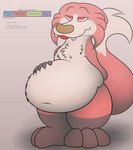 ambiguous_gender anthro belly big_belly fur overweight simple_background smile solo tail text tongue foxball drake_(kitty_pride) canid canine fox mammal digital_media_(artwork) english_text hi_res