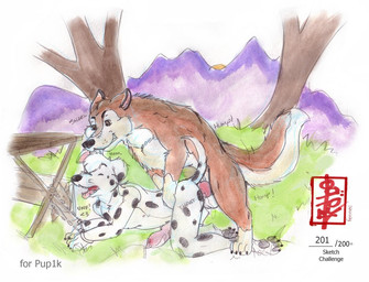anal animal_genitalia animal_penis anthro anthro_on_feral anthro_penetrated balls bestiality bite bodily_fluids canine_genitalia canine_penis doggystyle duo ear_bite feral feral_on_top feral_penetrating feral_penetrating_anthro from_behind_position genital_fluids genitals male male/male mounting penetration penis precum sex text fennec_(artist) pup1k canid canine canis dalmatian domestic_dog mammal wolf english_text