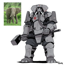 ambiguous_gender anthro armor comparison creature_and_personification gas_mask hammer holding_object humanoid_hands mask photo_reference proboscis_(anatomy) reference_inset simple_background sledgehammer tools trunk_(anatomy) tusks white_background gegegekman elephant elephantid mammal proboscidean 2024 absurd_res hi_res reference_image