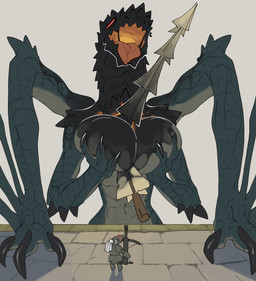 ambiguous_gender anthro armor aroused big_breasts blush breast_grab breast_play breasts claws curvy_figure duo female hand_on_breast larger_anthro larger_female membrane_(anatomy) membranous_wings non-mammal_breasts nude open_mouth rathian_armor scales simple_background size_difference smaller_ambiguous smaller_human tongue tongue_out wings yolabayola1 capcom monster_hunter mythology dragon elder_dragon gogmazios human mammal mythological_creature mythological_scalie scalie absurd_res hi_res