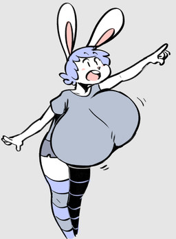 anthro big_breasts blue_hair blush bottomwear bouncing_breasts breasts clothed clothing female female_anthro gesture hair hand_gesture huge_breasts knee_highs legwear open_mouth pointing shirt shorts solo top_heavy topwear white_body angstrom molly_(angstrom) lagomorph leporid mammal rabbit 2017 digital_media_(artwork)