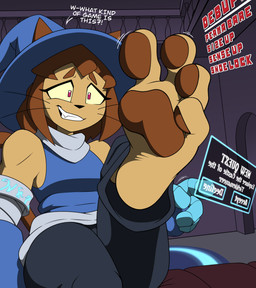 anthro barefoot black_clothing blue_clothing breasts brown_hair clothing debuff feet female foot_fetish foot_focus fur gameplay_mechanics hair hat headgear headwear humanoid_feet magic magic_user nervous nervous_smile pawpads paws pink_eyes plantigrade sash scarf soles solo tan_body tan_fur text toes whiskers wizard_hat yellow_eyes nudeknightart gameoverse glitch_productions kit_bodega domestic_cat felid feline felis mammal 2026 english_text hi_res