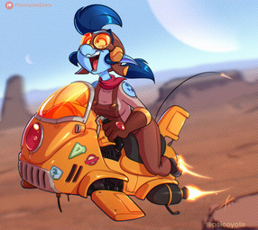 aviator_cap blue_body blue_hair blue_skin clothing eyewear eyewear_on_head female flying footwear gem gloves goggles goggles_on_head hair handwear long_sleeve_shirt open_mouth pointy_ears riding round_nose scarf shoes short_hair solo sticker suspenders psicoyote vesta_(psicoyote) alien hi_res