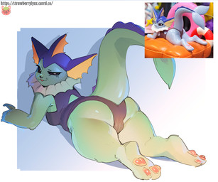 anthro anthrofied big_tail black_sclera blue_body blue_clothing blue_swimwear breasts butt camel_toe clothed clothing female logo looking_at_viewer looking_back looking_back_at_viewer lying medium_breasts narrowed_eyes on_front one-piece_swimsuit pawpads paws photo photo_reference pokemorph raised_tail real simple_background smile solo swimwear tail text thick_thighs wide_hips strawberry_lynx nintendo pokemon eeveelution generation_1_pokemon pokemon_(species) vaporeon 2024 6:5 absurd_res artist_logo hi_res picture_in_picture url