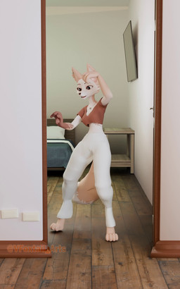 4_fingers 4_toes anthro barefoot bed bedroom bent_over biped black_nose bottomwear breasts cheek_tuft claws clothed clothing countershade_fur countershading dancing day digitigrade dipstick_tail doorway ear_piercing ear_ring electronics facial_tuft feet female fingers floor fur furniture gloves_(marking) inside jewelry leaning_on_wall looking_at_viewer markings midriff music necklace night open_mouth pants parody pawpads paws piercing pink_pawpads ring_piercing shadow shirt silhouette solo synced_to_music tail tail_markings tail_motion tailwag tattoo television text toes topwear tuft white_bottomwear white_clothing white_pants wood wood_floor foxdee_foxtail sound_warning fany_(foxdee) suzanne_(blender) canid canine fox mammal 2023 3d_(artwork) 3d_animation 5:8 animated artist_name blender_(artwork) digital_media_(artwork) short_playtime sound video