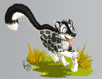 ambiguous_feral ambiguous_gender black_body black_fur black_nose black_tail blue_eyes cheek_tuft chest_tuft facial_spots facial_tuft feral fur glistening glistening_eyes grass grey_background grey_tail head_tuft logo open_mouth pink_tongue plant simple_background solo spotted_back spotted_face spotted_legs tail tongue tongue_out tuft white_body white_fur white_tail pandapaco felid mammal artist_logo signature