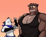 anthro biceps black_eyes bottomwear brown_body brown_fur clothing duo fur hair male muscular muscular_anthro muscular_male pants pecs shirt shirtless_male simple_background standing tank_top topwear white_body white_fur rygel_spkb canid canine canis domestic_dog mammal absurd_res hi_res