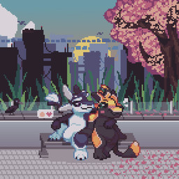 3_fingers 4_ears anthro beak bench big_tail biped bipedal_feral black_body black_feathers black_fur black_sclera blue_eyes blush blush_lines building city city_background claws cloud countershading detailed_background duo emanata embarrassed emoji feathers featureless_crotch feet feral fingers fur furniture futuristic glass grass green_eyes hair hand_on_leg hand_over_shoulder heart_symbol highlights_(coloring) hug long_tail looking_at_another looking_at_partner male male/male multi_ear multicolored_body nude on_bench orange_body orange_fur orange_highlights outside park park_bench paws plant purple_eyes raised_leg raised_leg_over_edge shy sitting sitting_on_bench sky skyscape smile smug speech_bubble sunset tail text toes tree tuft white_body white_feathers white_fur winged_arms wings anisimovalex fyr_(fenrir784) qamito avali avian bird corvid jackdaw oscine passerine 1:1 2025 artist_name dated digital_media_(artwork) english_text hi_res pixel_(artwork) signature maleherm_(lore)