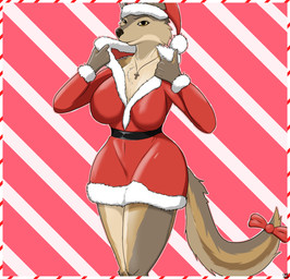 abstract_background accessory anthro big_breasts bow_(feature) bow_accessory bow_ribbon breasts clothed clothing coat cross cross_necklace crossgender female furgonomics hat headgear headwear holidays jewelry mtf_crossgender necklace ribbons solo tail tail_accessory tail_bow tail_ribbon topwear unusualmatias christmas scp_foundation scp-2547-1 canid canine canis coyote mammal 2019 absurd_res digital_media_(artwork) hi_res
