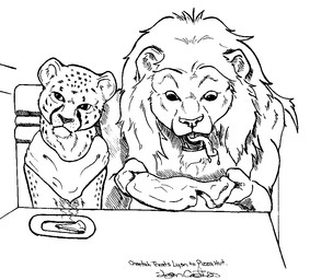 annoyed booth_seating clothing ears_up eating eating_food feral footwear long_tongue looking_at_food looking_at_object looking_away mane shoes tongue lyon_castro pawprints_(zine) pizza_hut cheetah felid feline lion mammal pantherine 1995 black_and_white digital_media_(artwork) greyscale monochrome pixel_(artwork)